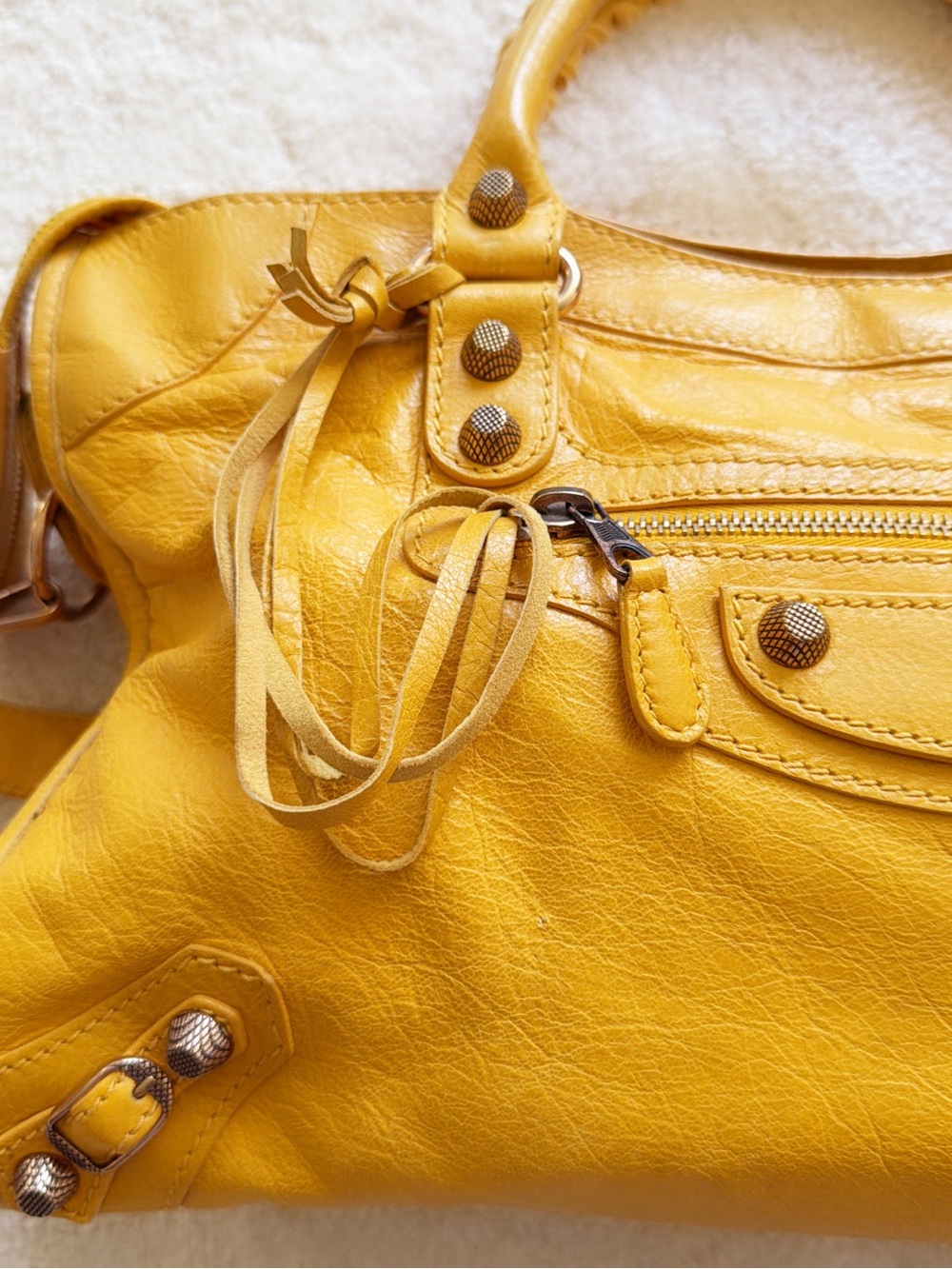 RARE💖 BALENCIAGA Mustard Yellow Medium CITY Motorcycle Shoulder Handbag Vintage - Picture 6 of 14